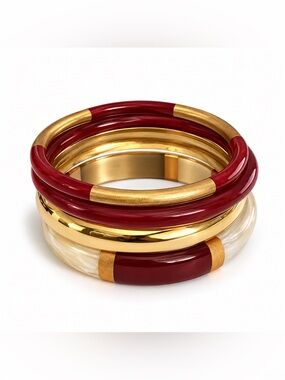 Waterproof Gold and Burgundy Bangle Bracelet Set of 4 - Women Jewelry